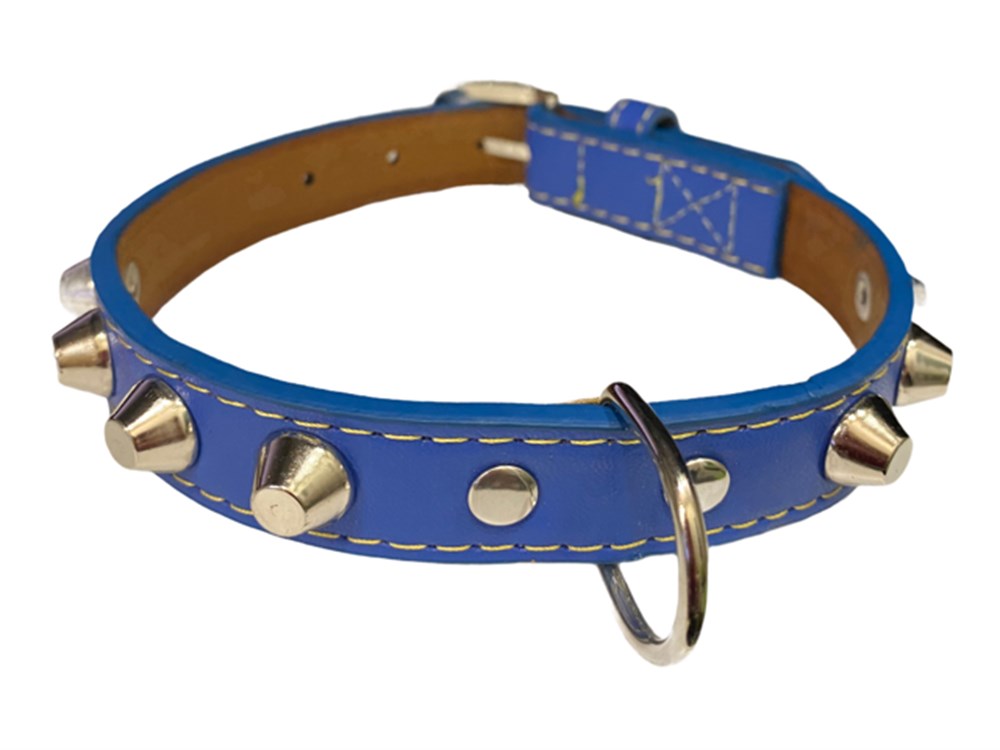 Perçinli Mavi Deri Köpek Boyun Tasması