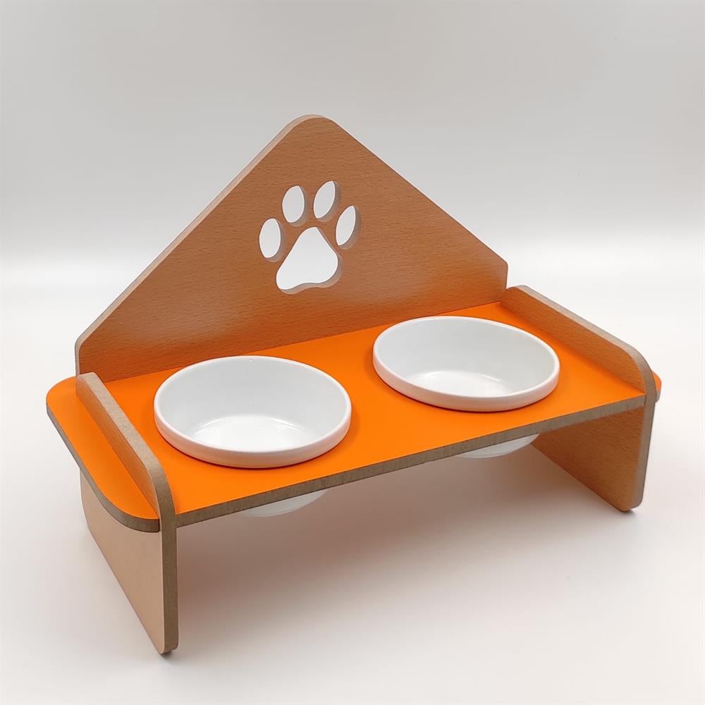 Patili Standlı Seramik Mama ve Su Kabı Seti Turuncu, 37 cm x 17 cm