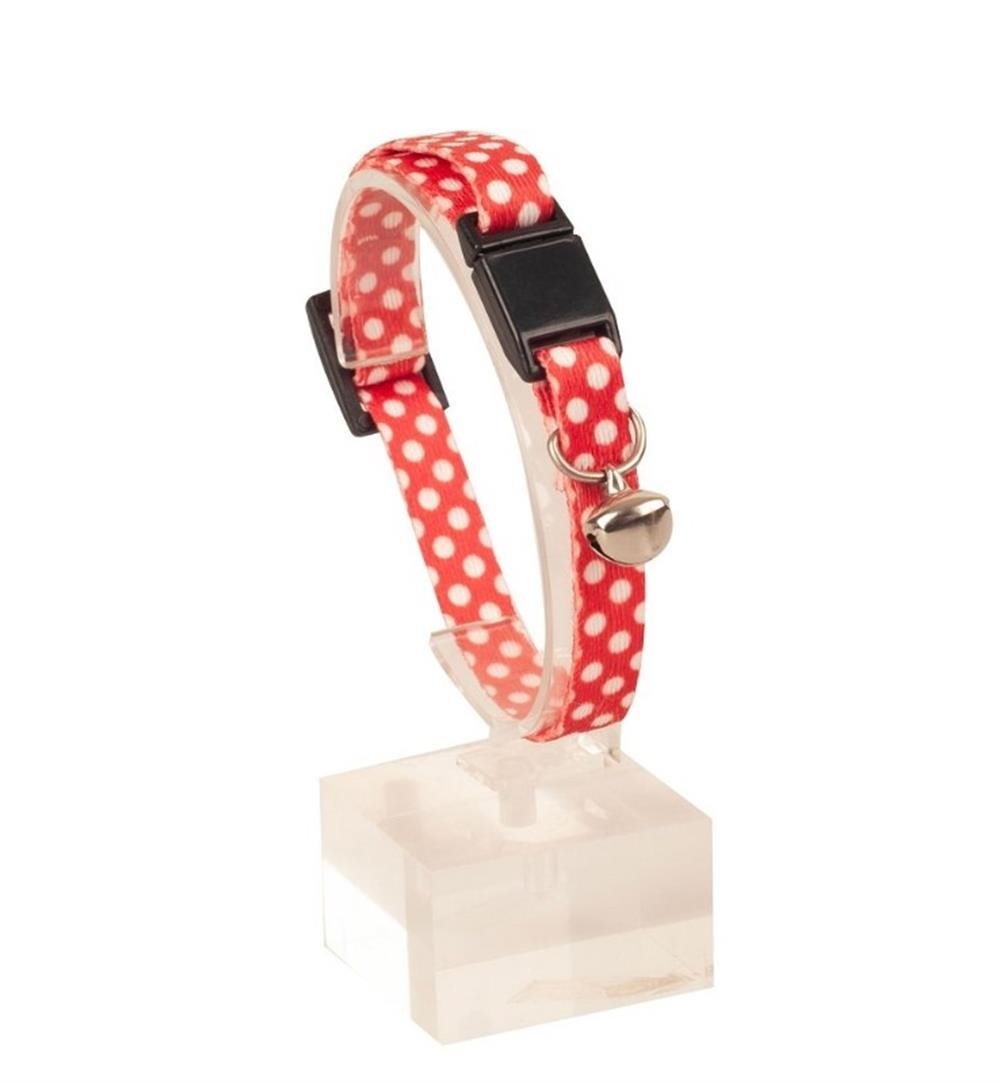 Güvenlik Kilitli Kırmızı Beyaz Puantiyeli Zilli Kedi Boyun Tasması, 22-30 cm