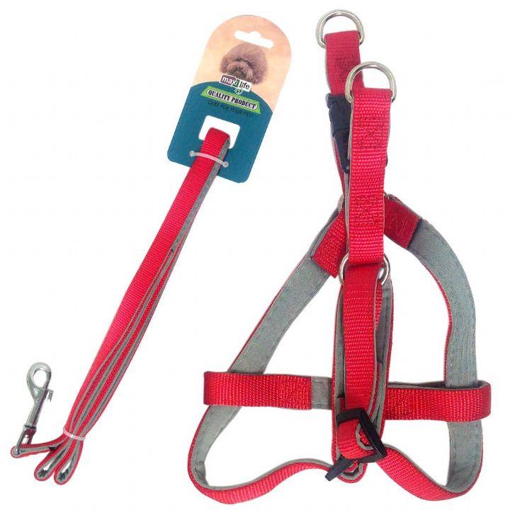 Maxilife Kırmızı Yumuşak Dokulu Köpek Göğüs ve Gezdirme Tasma Seti 1,5 cm (Göğüs: 30 cm - 50 cm)