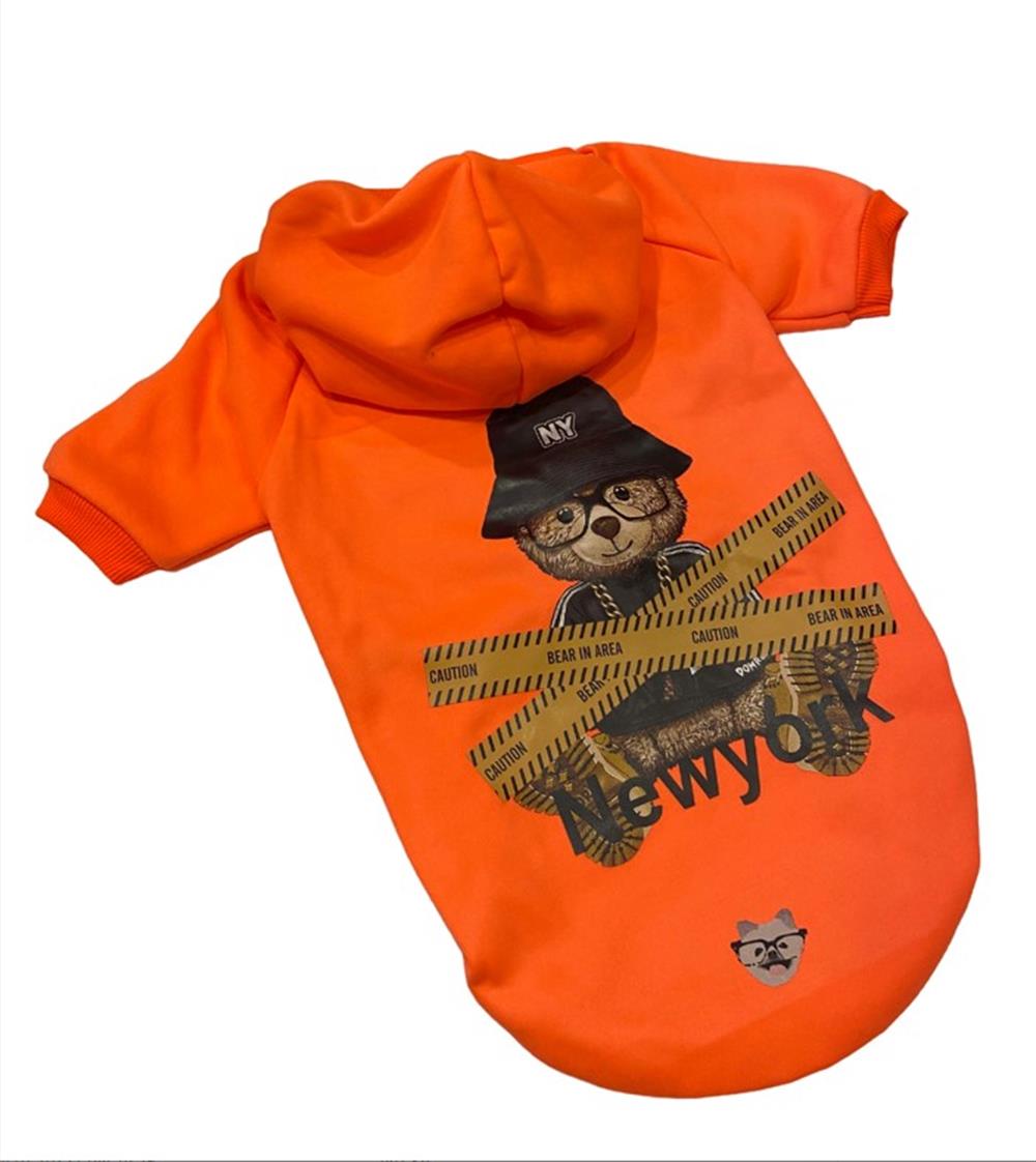 Orange Newyork Teddy Kapüşonlu Küçük Köpek Sweatshirtü (6,5 kg-12 kg arasına uygun)