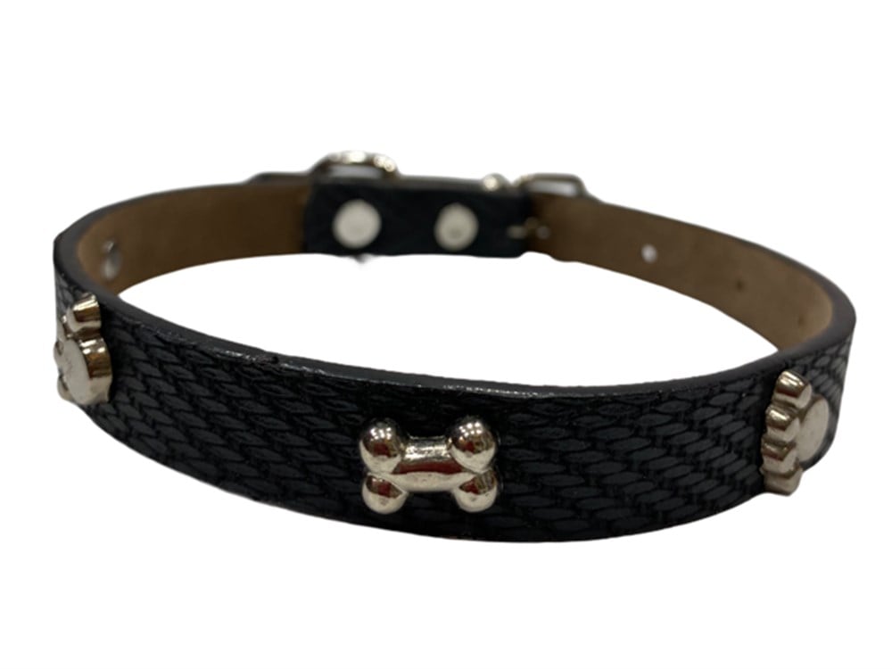 Pati ve Kemik Desenli Siyah Deri Köpek Boyun Tasması