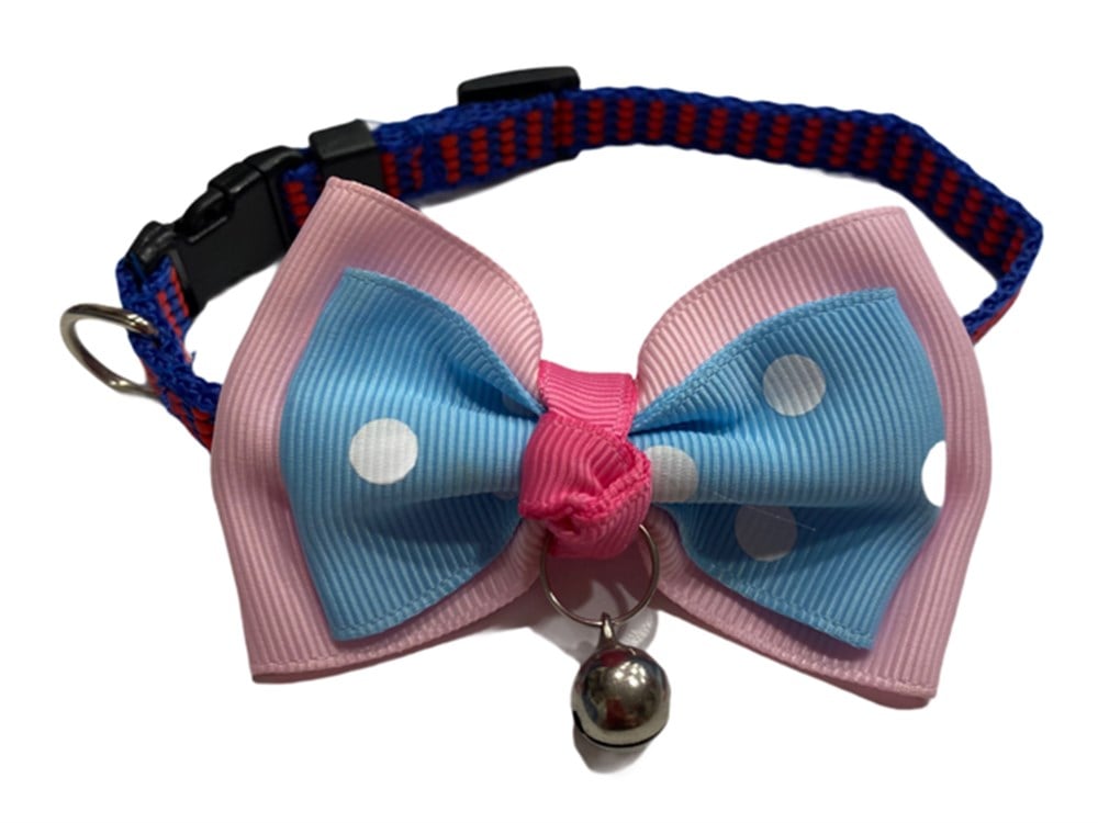 Pembe Mavi Desenli Kedi ve Köpek Papyon Boyun Tasması