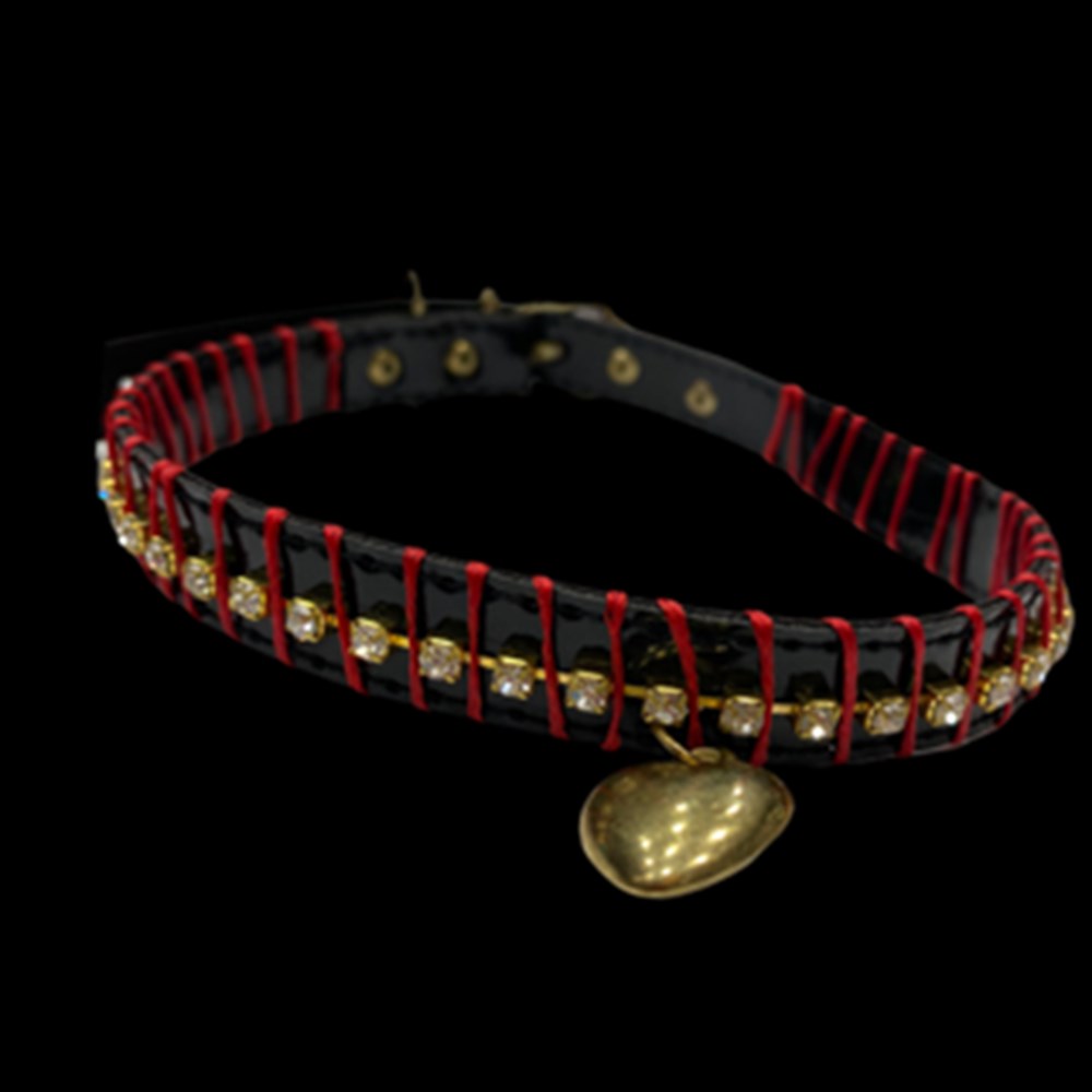 Taşlı, Kalp Künyeli Siyah Rugan Köpek Boyun Tasması 