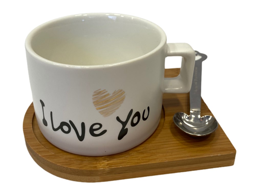 Bronz Love U Kaşıklı ve Ahşap Standlı Fincan