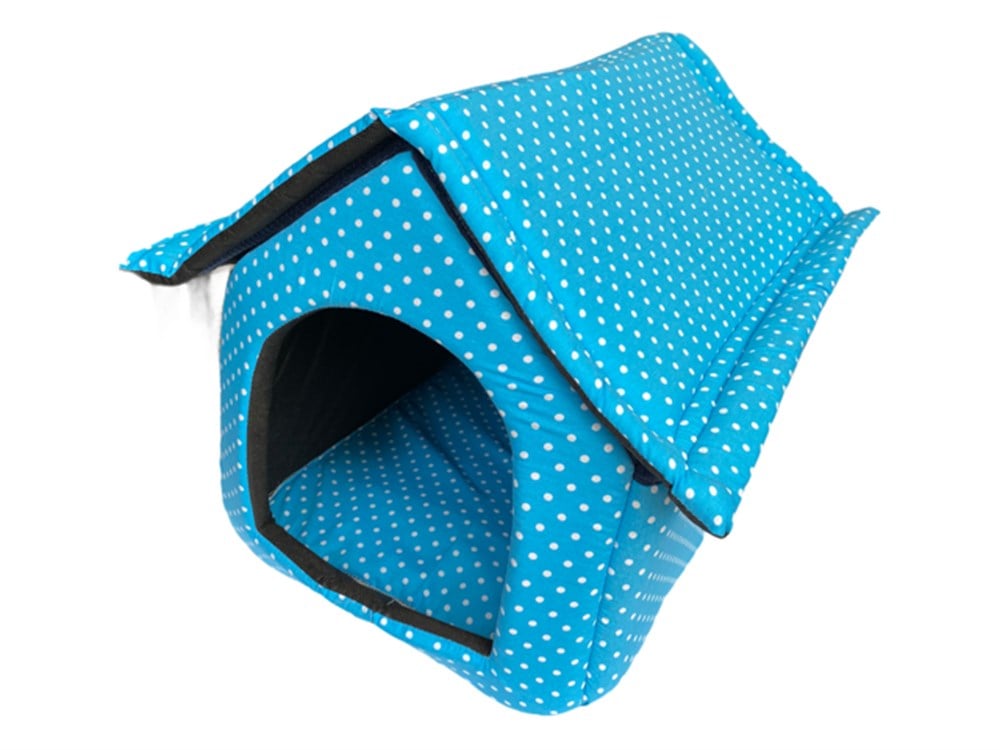 Puantiyeli Mavi Çatılı Kedi ve Köpek Yuvası 44x38x42 cm