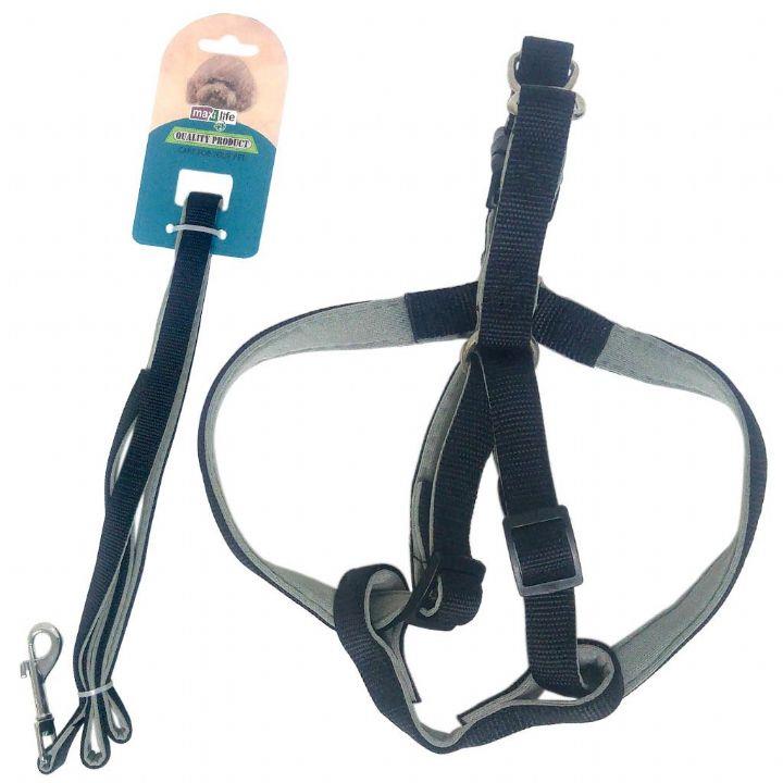 Maxilife Siyah Yumuşak Dokulu Köpek Göğüs ve Gezdirme Tasma Seti 1,5 cm (Göğüs: 30 cm - 50 cm)