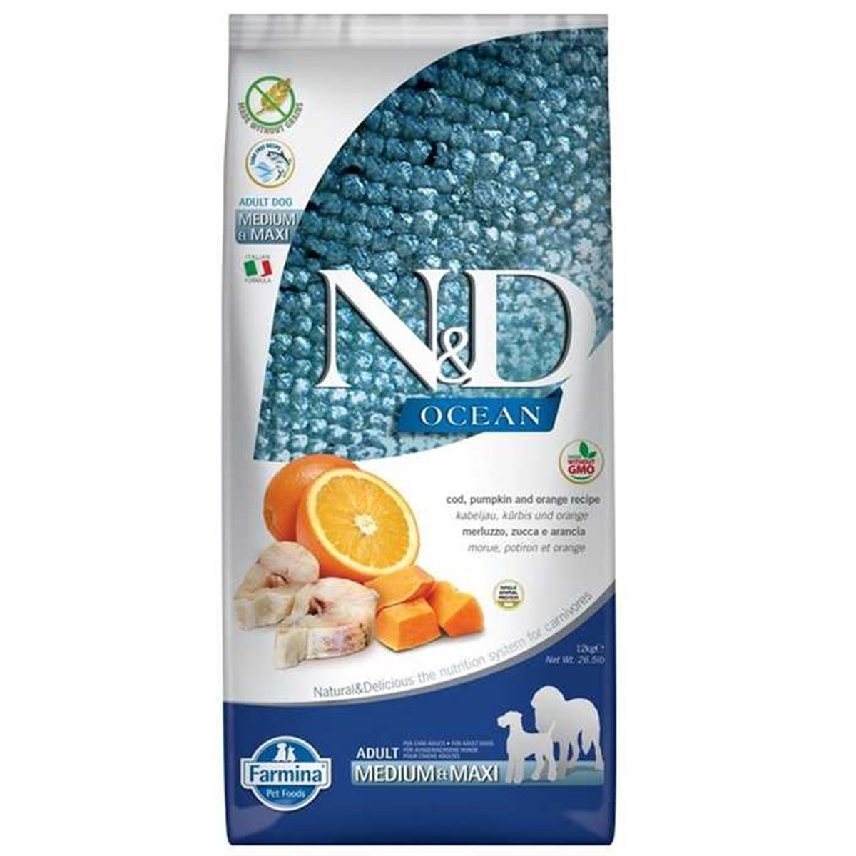 N&D Ocean Balkabaklı Morina Balıklı Medium-Maxi Tahılsız Orta ve Büyük Irk Köpek Maması 2,5 Kg