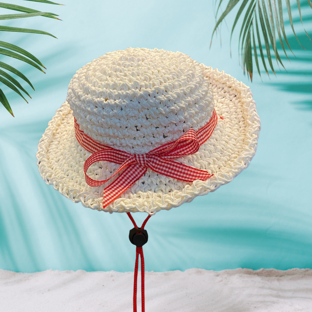 Red White Ribbon Yazlık Hasır Köpek Şapkası 17 cm