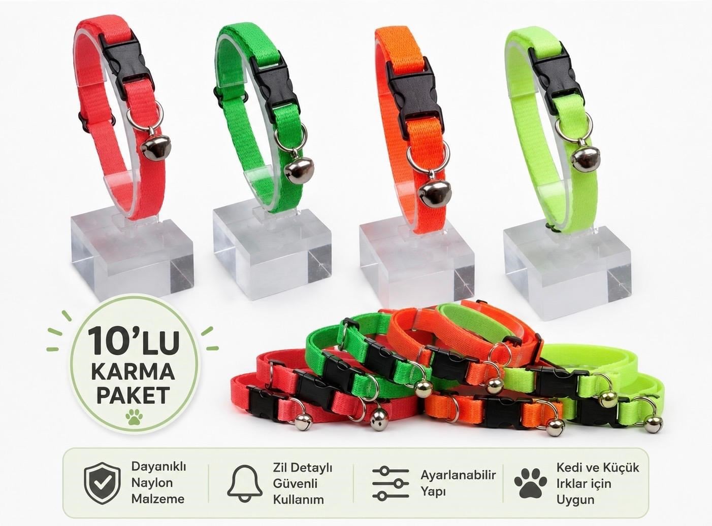TOPTAN 10 ADET KARMA NEON RENKLERDE Zilli Ayarlanabilir Kedi Boyun Tasması 22-30 cm