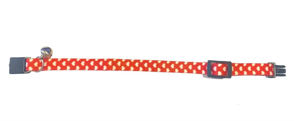 Güvenlik Kilitli Kırmızı Beyaz Kalpli Zilli Kedi Boyun Tasması, 22-30 cm