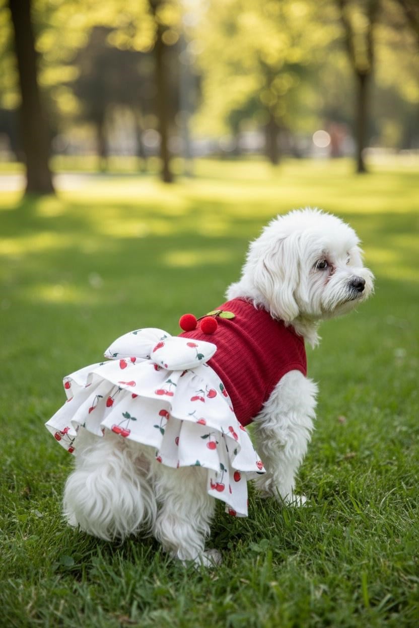 Gedyco Kirazlı Kırmızı Küçük Irk Köpek Elbisesi