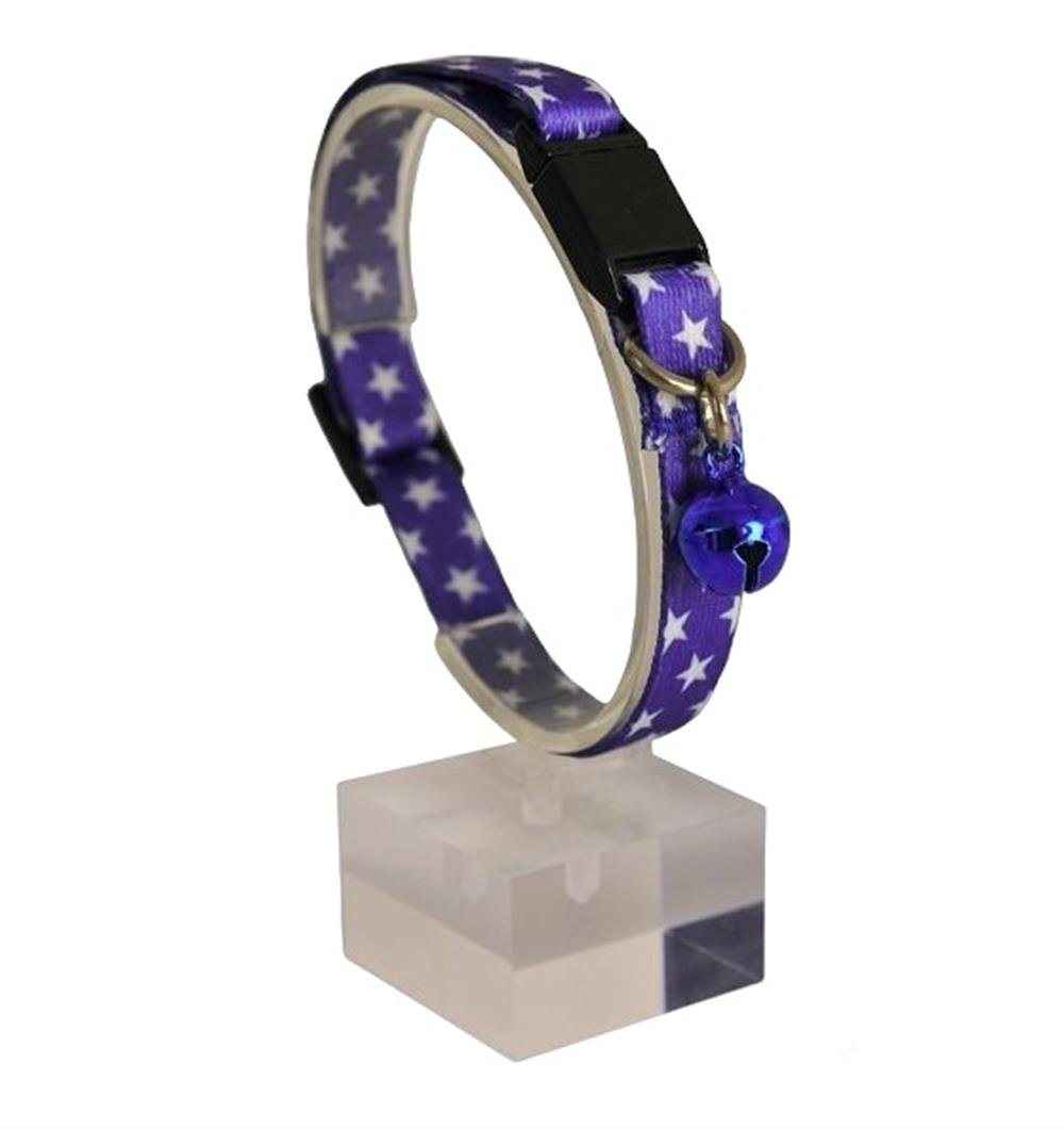 Güvenlik Kilitli Yıldızlı Mor Zilli Kedi Boyun Tasması, 22-30 cm