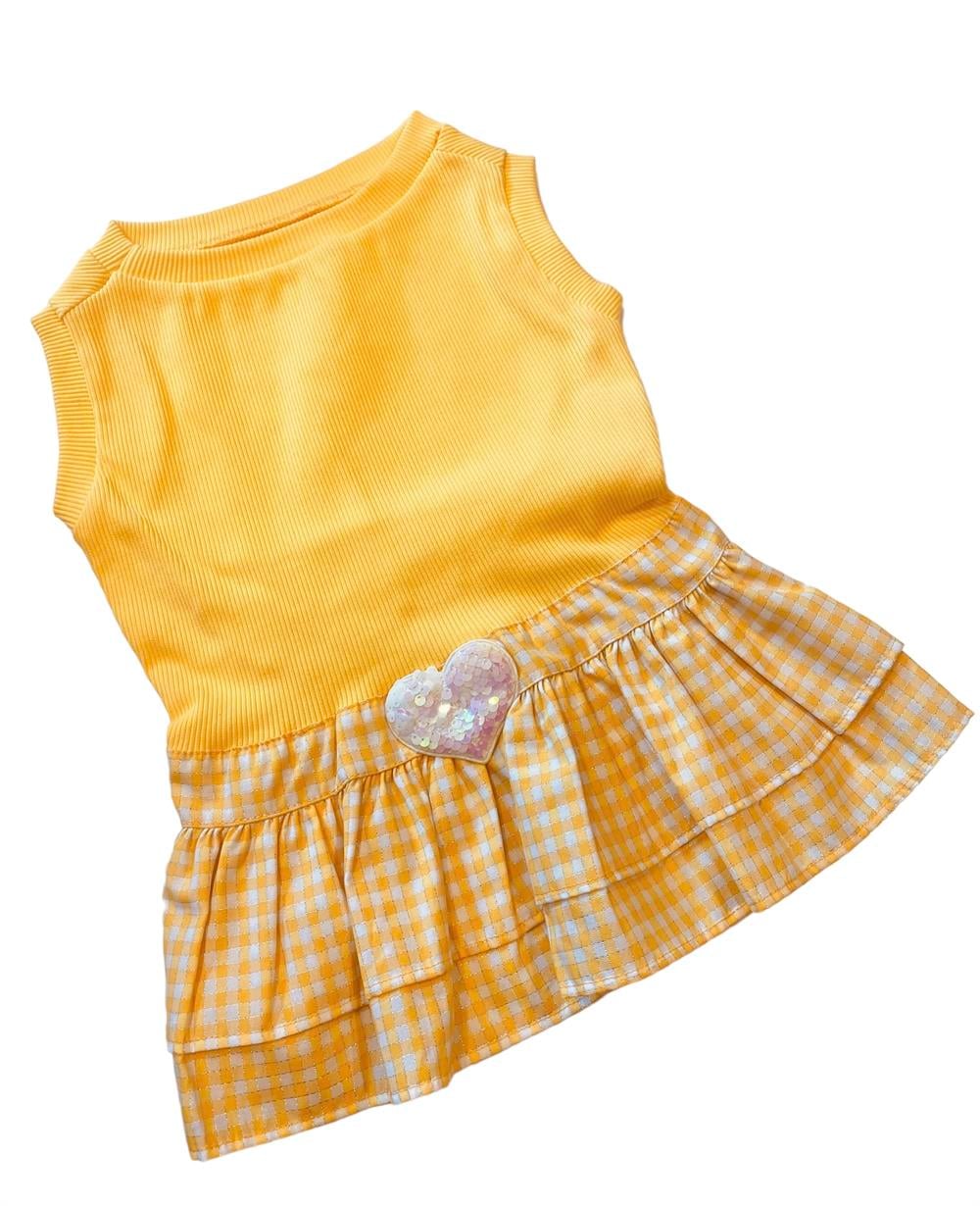 Sarı Kareli Küçük Irk Köpek Elbisesi (9 kg-12 kg arasına uygun)