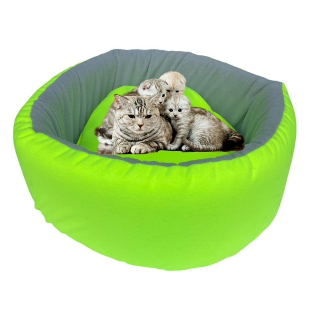 Premium Polar Neon Yeşil-Gri Yuvarlak Kedi ve Köpek Yatağı 48 cm