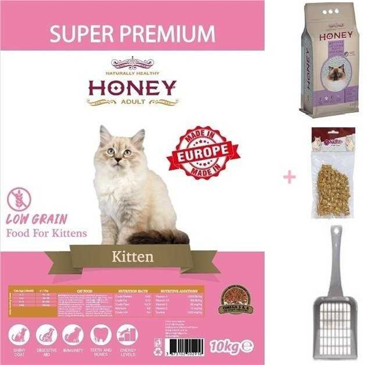 Honey Süper Premium Düşük Tahıllı Tavuklu Yavru Kedi Maması 10 Kg+(Honey  Kum 5 Lt-Kıtır Kedi Ödülü Ve Kürek Hediyeli)