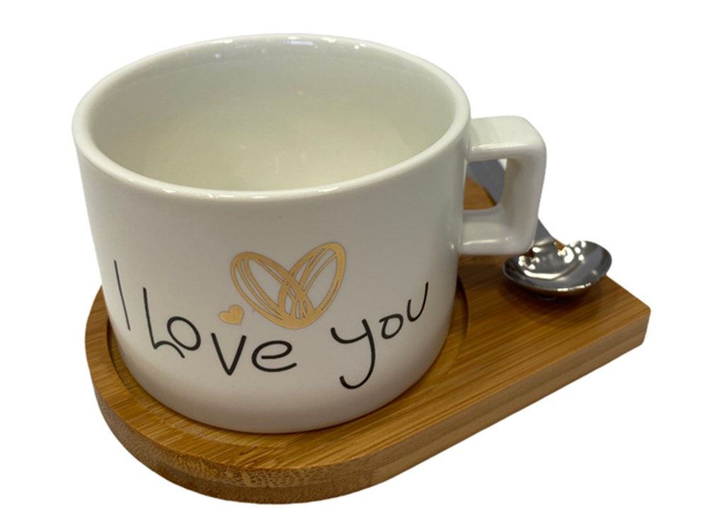 Bronz I Love U Kaşıklı ve Ahşap Standlı Fincan