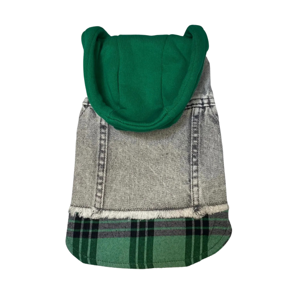 Küçük Irk Köpek için Yeşil Ekoseli Sweatshirt Jean Yelek (2 kg-12 kg arasına uygun bedenlerde)