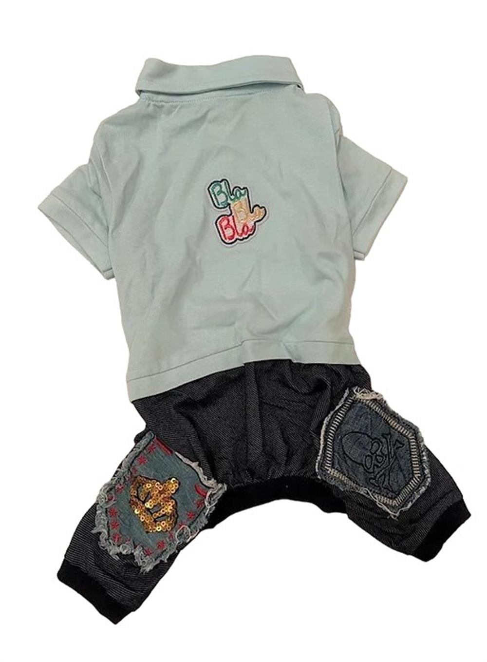 Mavi Bla Bla T-shirtlü Jean Köpek Tulumu (6,5 kg-13 kg arası köpeklere uygun bedenlerde)