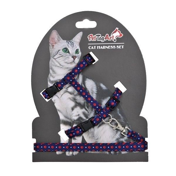 Lacivert Kırmızı Pati Desenli Ayarlanabilir Kedi Göğüs Tasma Seti 10 mm 110 cm
