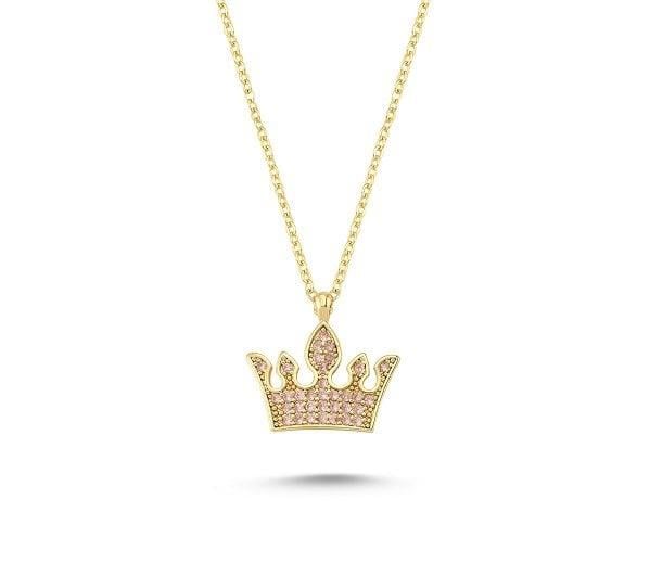Pembe Taşlı Taç Model Kolye