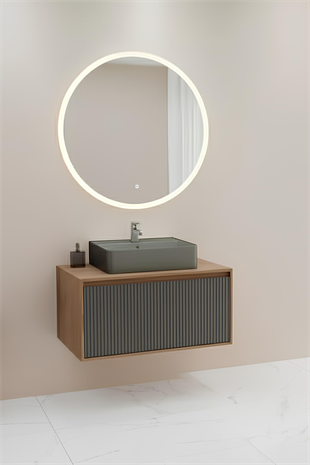 Osloorz 90 Cm Antrasit Lavabolu Banyo Dolabı - Kaman Ceviz / Antrasit