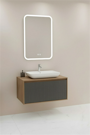 Osloorz 90 Cm Beyaz Lavabolu Banyo Dolabı - Kaman Ceviz / Antrasit 