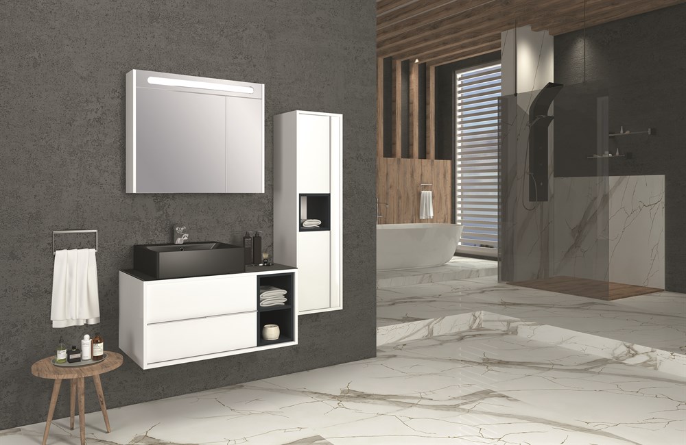 ANATOLİA  90 CM BANYO DOLABI -SİYAH LAVABOLU (BOY DOLAP DAHİL)