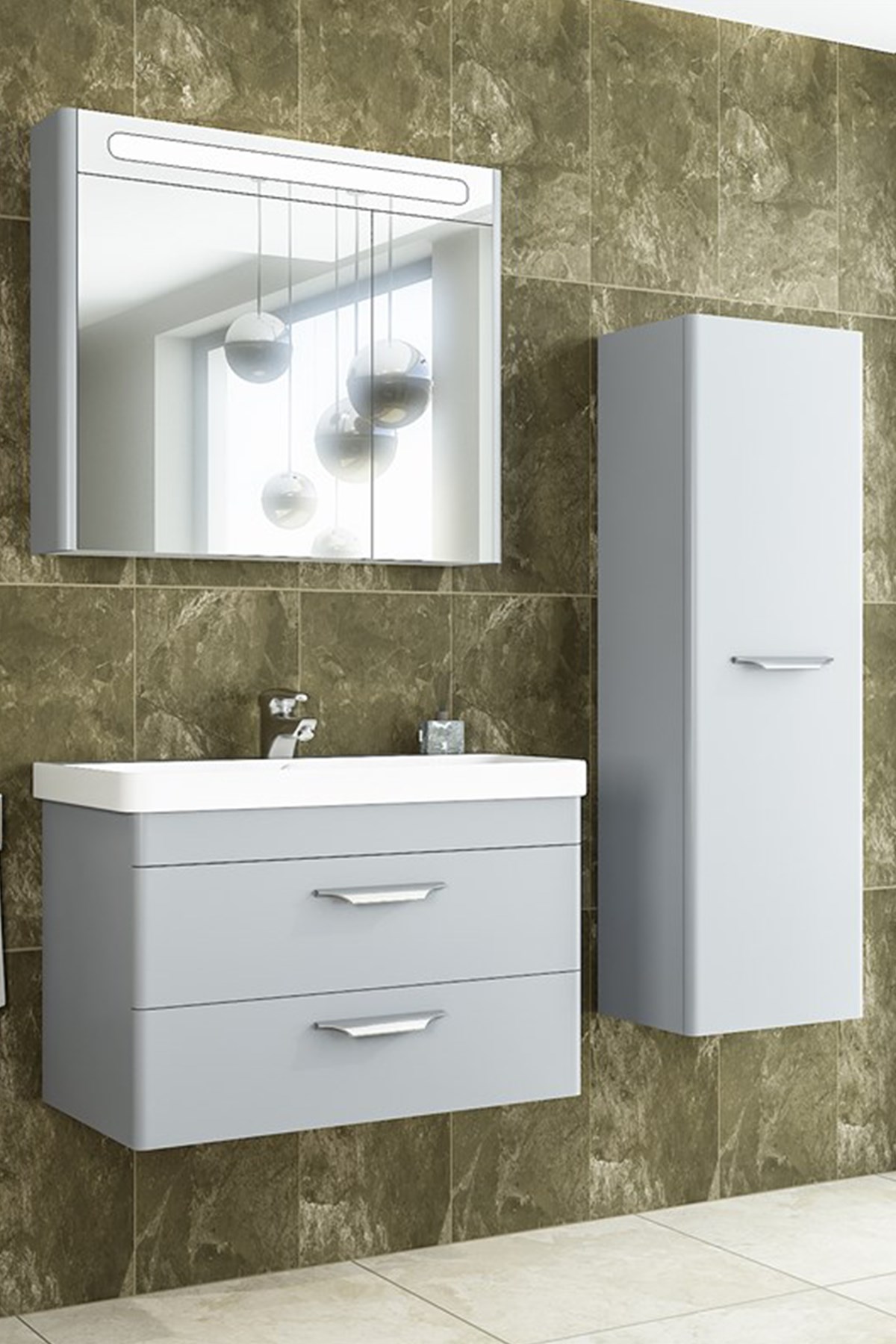MARİA 80 CM BANYO DOLABI -WİNDOW GRİ (BOY DOLAP DAHİL )