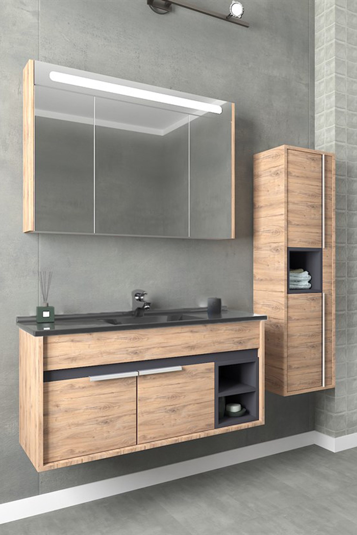 NAPOLİ 100 CM SİYAH LAVABOLU BANYO DOLABI- DORADO/ANTRASİT (BOY DOLAP DAHİL )