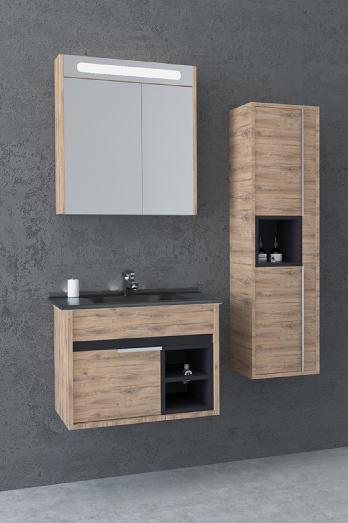 NAPOLİ 65 CM SİYAH LAVABOLU BANYO DOLABI- DORADO/ANTRASİT (BOY DOLAP DAHİL )