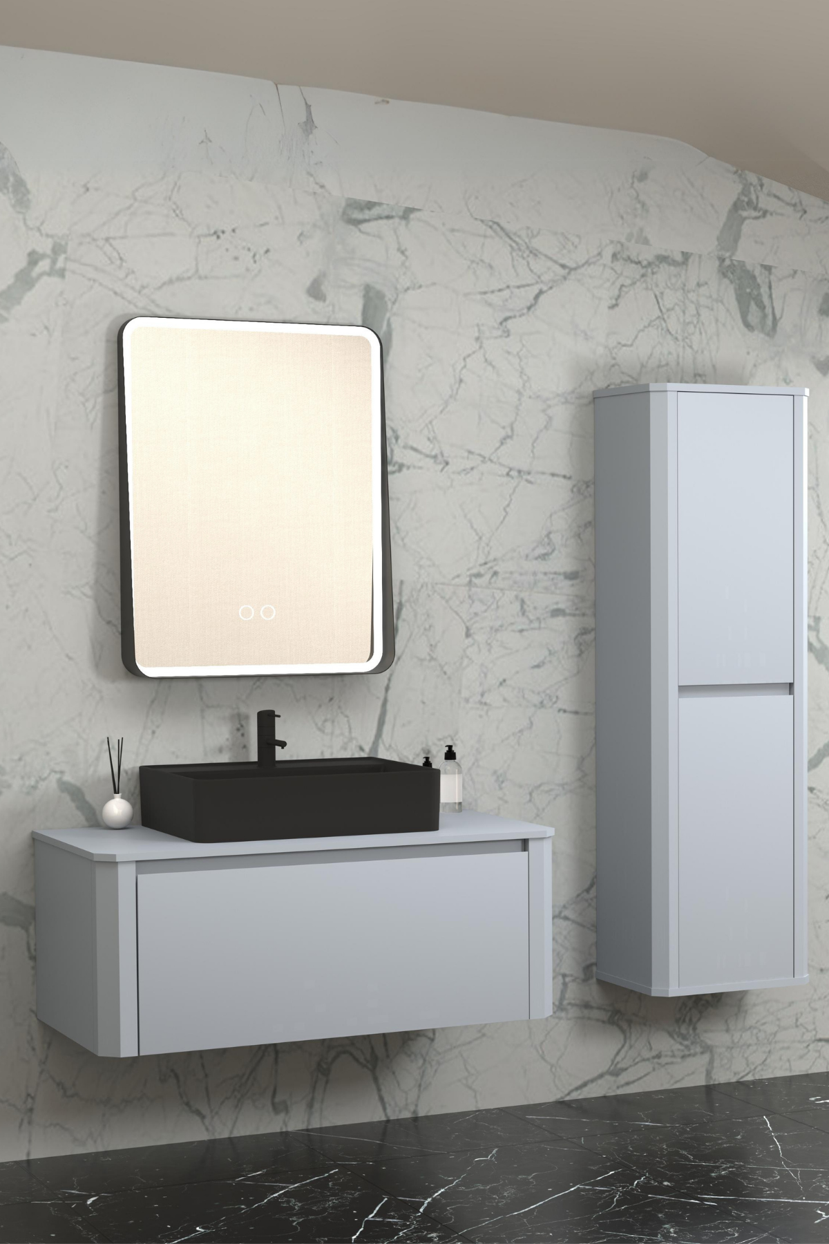 Star 100 Cm Siyah Lavabolu Banyo Dolabı - Boy Dolap Dahil