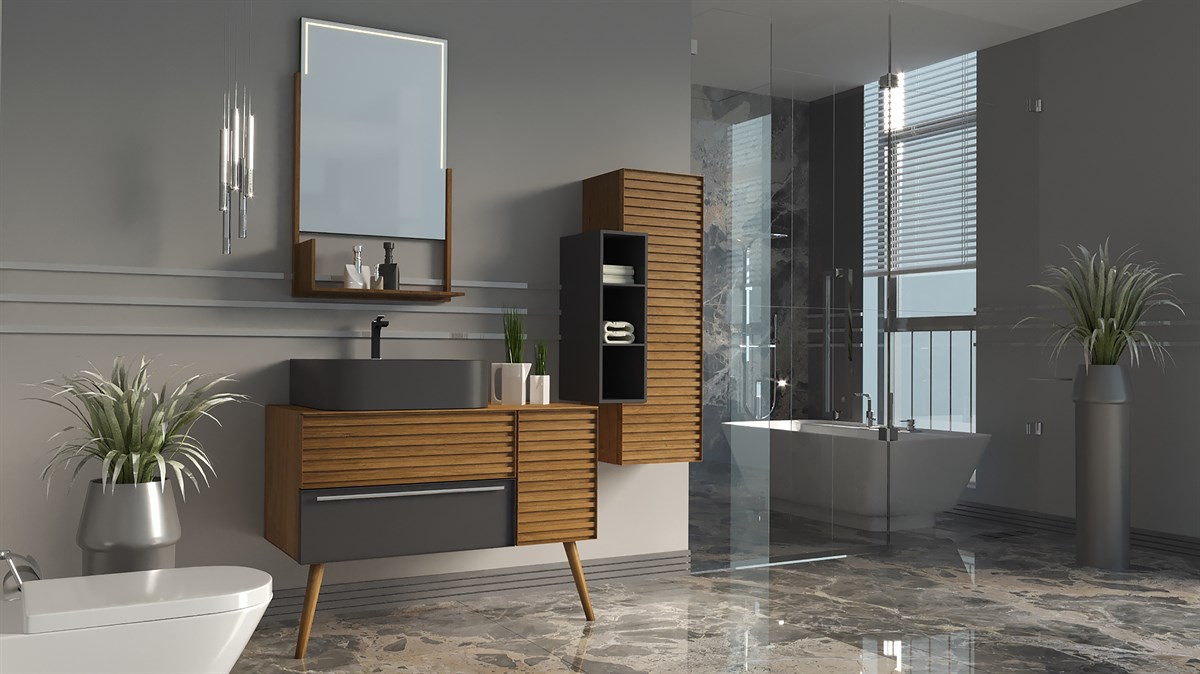 ZELENA 100CM BANYO DOLABI-ANTRASİT/MEŞE(BOY DOLAP DAHİL )