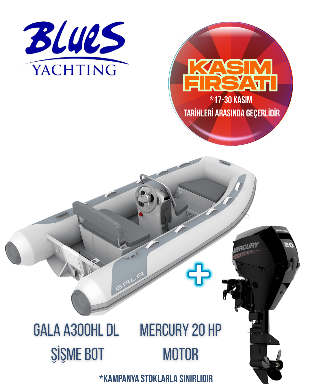 GALA A300HL DL ALÜMİNYUM TABAN ŞİŞME BOT ve MERCURY F20 EPT DIŞTAN TAKMA MOTOR