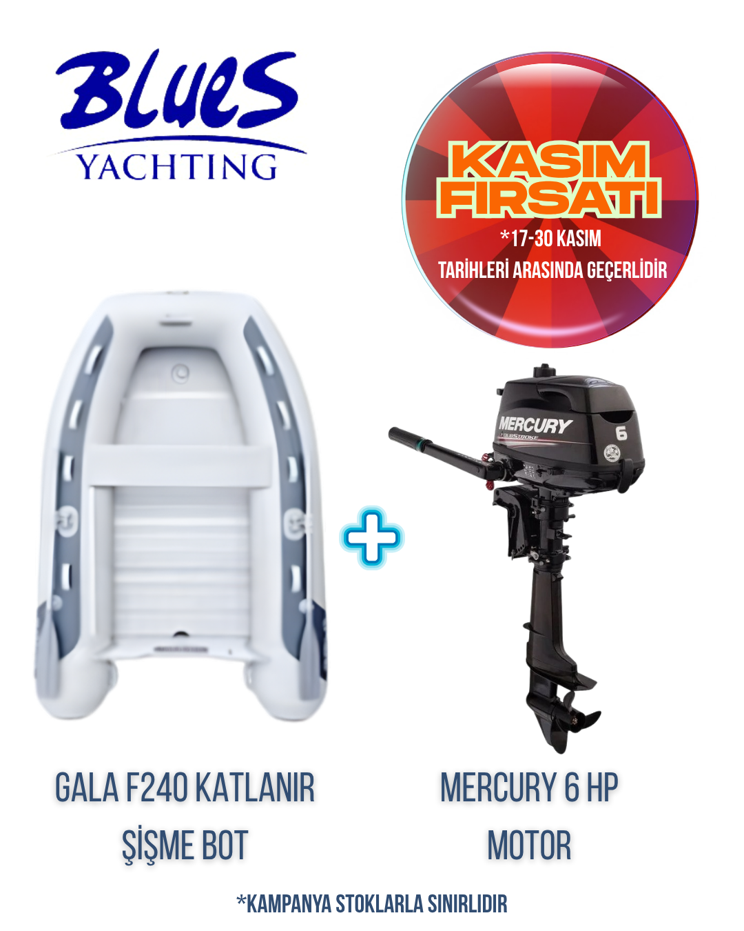 GALA F240 ALÜMİNYUM KATLANIR ŞİŞME BOT ve MERCURY F6 M DIŞTAN TAKMA MOTOR
