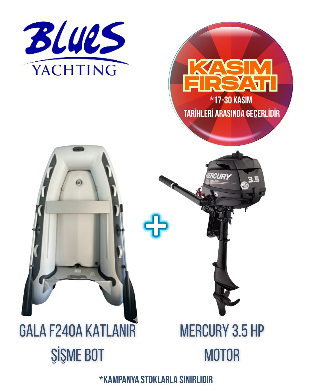 GALA F240A ŞİŞME KATLANIR ŞİŞME BOT ve MERCURY F3.5M DIŞTAN TAKMA MOTOR