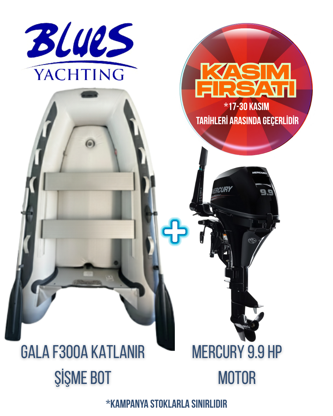 GALA F300A ŞİŞME KATLANIR ŞİŞME BOT ve MERCURY F9.9 M DIŞTAN TAKMA MOTOR
