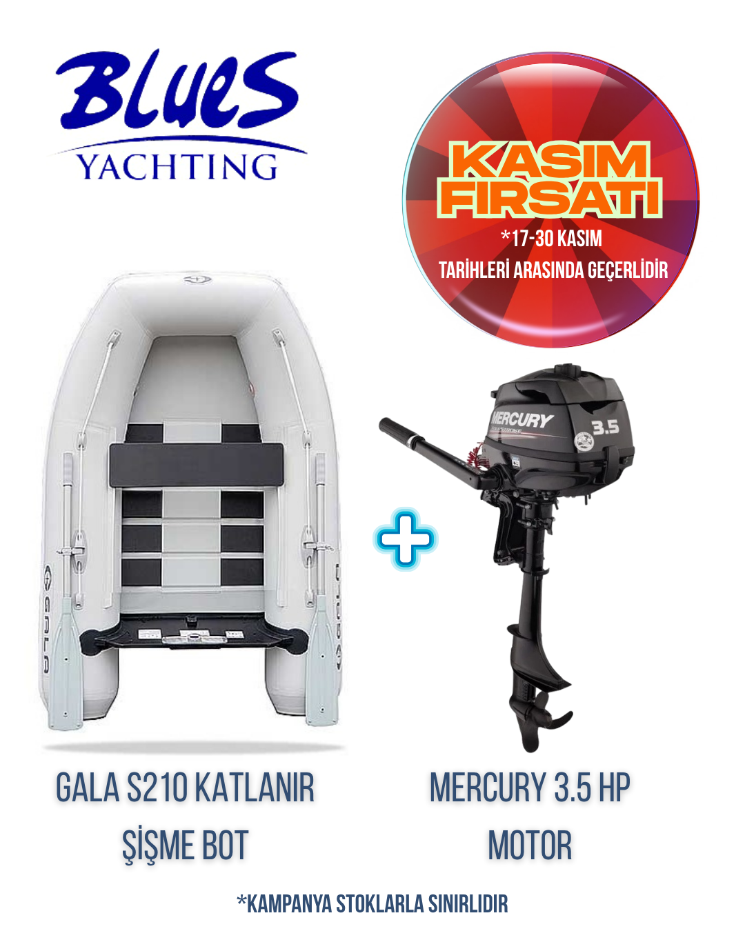 GALA S210 IZGARA KATLANIR ŞİŞME BOT ve MERCURY F3.5M DIŞTAN TAKMA MOTOR