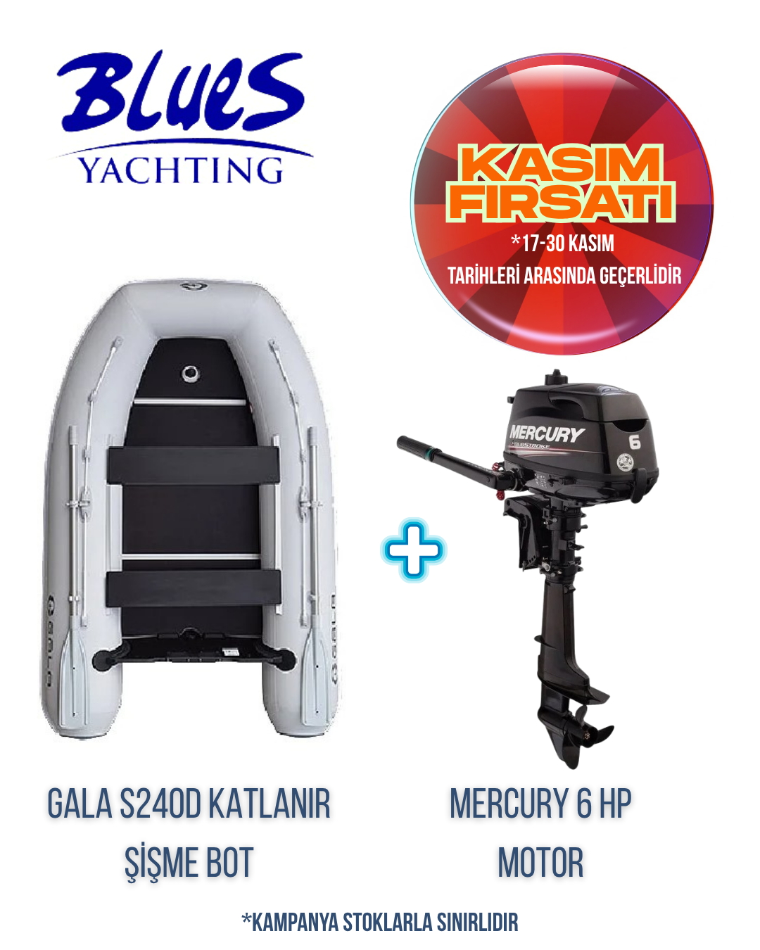 GALA S240D AHŞAP KATLANIR ŞİŞME BOT ve MERCURY F6 M DIŞTAN TAKMA MOTOR