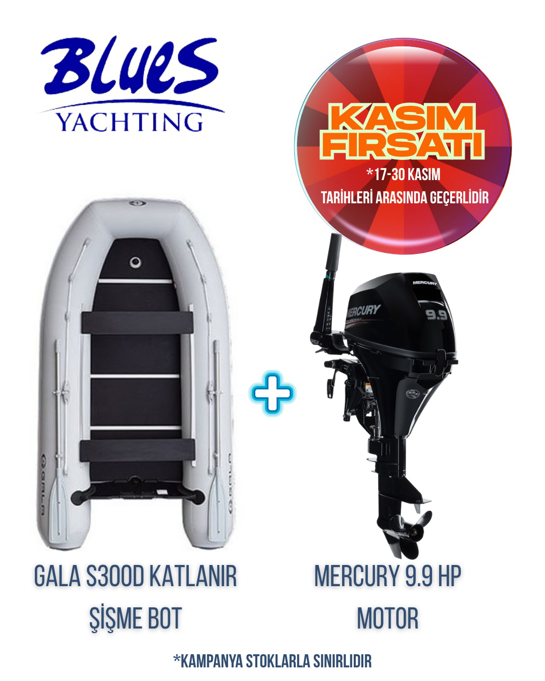 GALA S300D AHŞAP KATLANIR ŞİŞME BOT ve MERCURY F9.9 M DIŞTAN TAKMA MOTOR