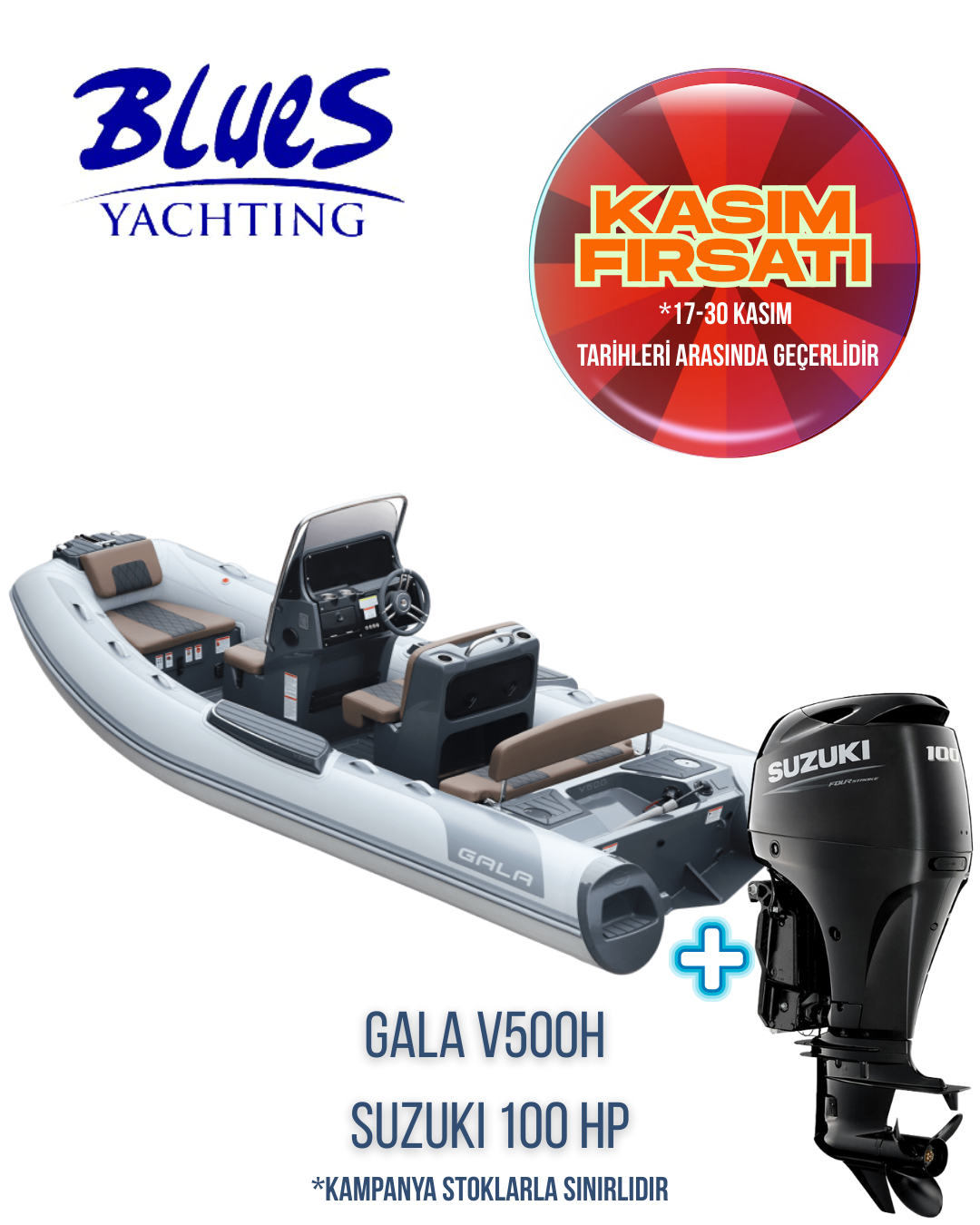 GALA V500H ALÜMİNYUM TABAN ŞİŞME BOT ve SUZUKI DF 100 ATL DIŞTAN TAKMA MOTOR