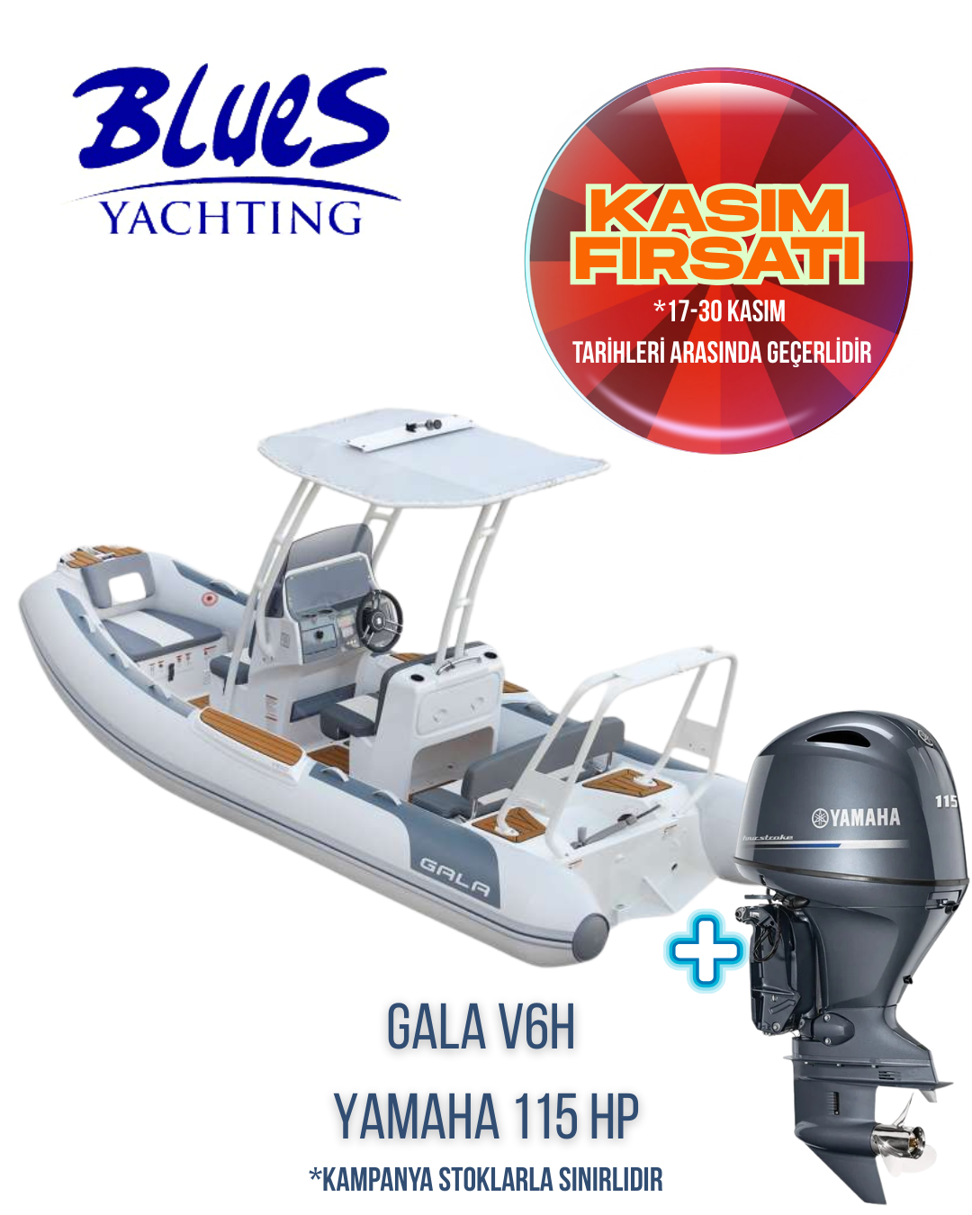 GALA V6H ALÜMİNYUM TABAN ŞİŞME BOT ve YAMAHA F115 LB DIŞTAN TAKMA MOTOR