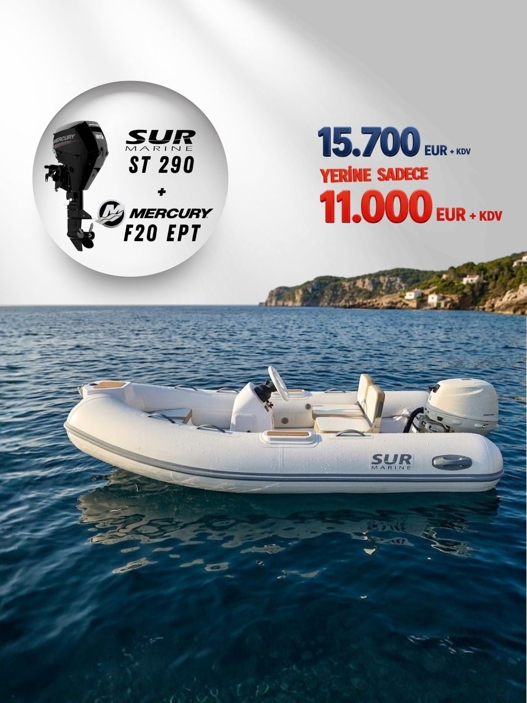 Surmarine ST 290 Şişme Bot ve Mercury F20 EPT Dıştan Takma Motor