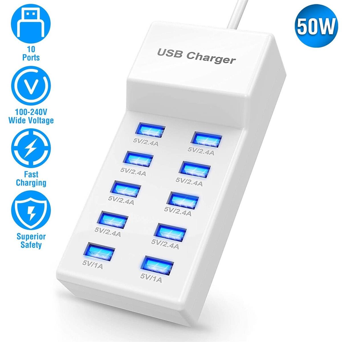 10 Port USB Girişli 50W Telefon Tablet Akıllı Hızlı Şarj İstasyonu