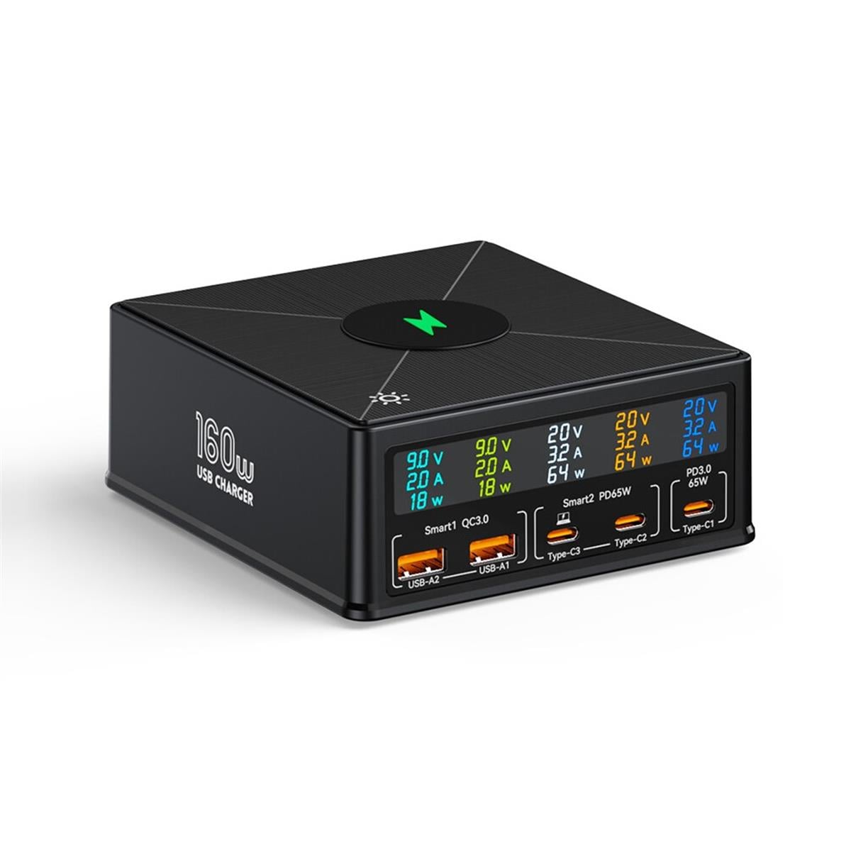 868H 160W PD+QC3.0 5 Port + Kablosuz Şarj Bağlantı Noktalı Çok İşlevli Şarj Cihazı