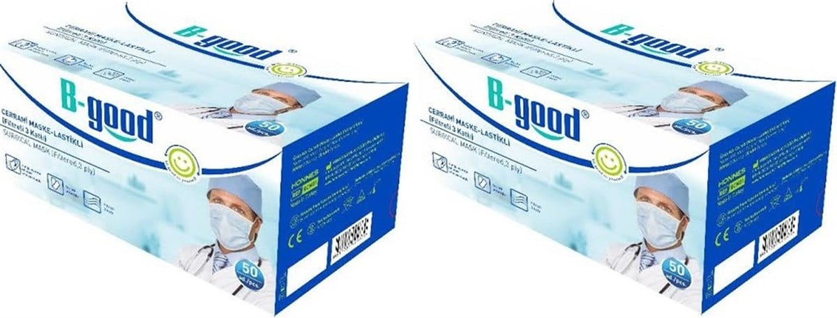 B-good 3 Katlı Lastikli Burun Telli Steril Kaplı Cerrahi Maske (100 Adet Beyaz)