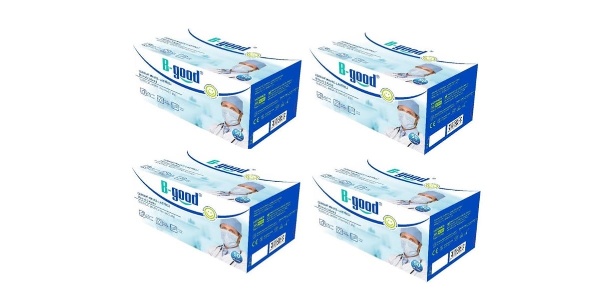 B-good 3 Katlı Lastikli Burun Telli Steril Kaplı Cerrahi Maske (200 Adet Beyaz)