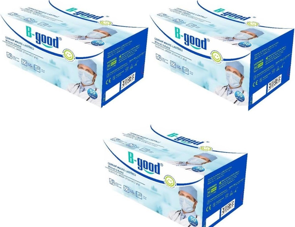 B-good 3 Katlı Lastikli Burun Telli Steril Kaplı Cerrahi Maske (150 Adet Beyaz)