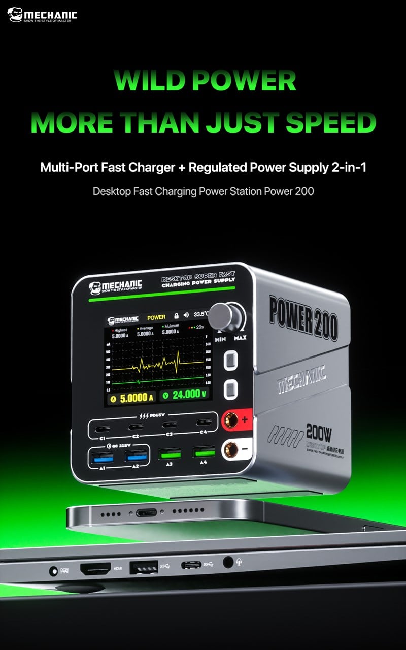 Mechanic Power 200 200W GaN Hızlı Şarj İstasyonu ve Ayarlanabilir Güç Kaynağı