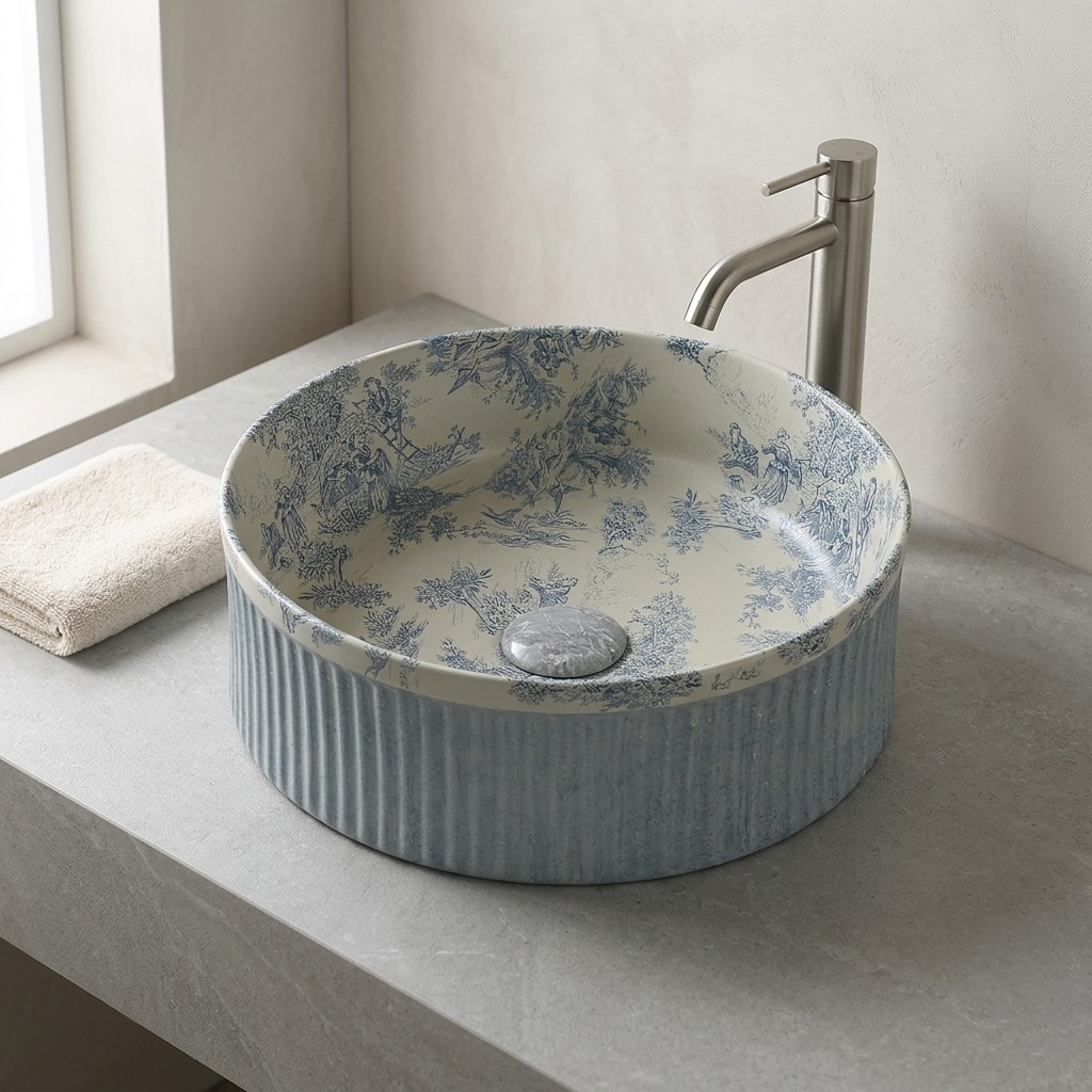 EY-7070 Mavi Desenli Tezgah Üstü Lavabo
